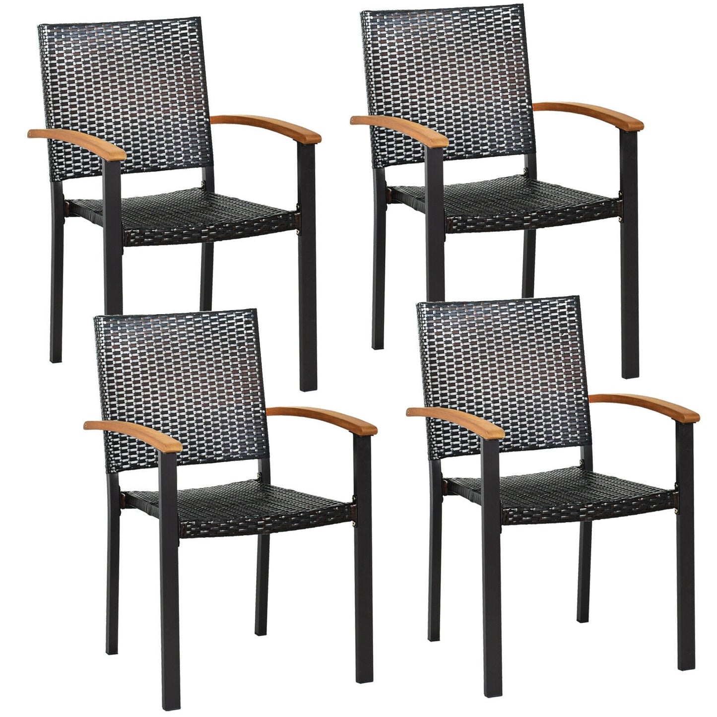 Slickblue Set of 4 Mix-Brown- PE Rattan Patio Dining Chairs with Acacia Wood Armrests and Steel Frame for Garden Patio Balcony or Poolside