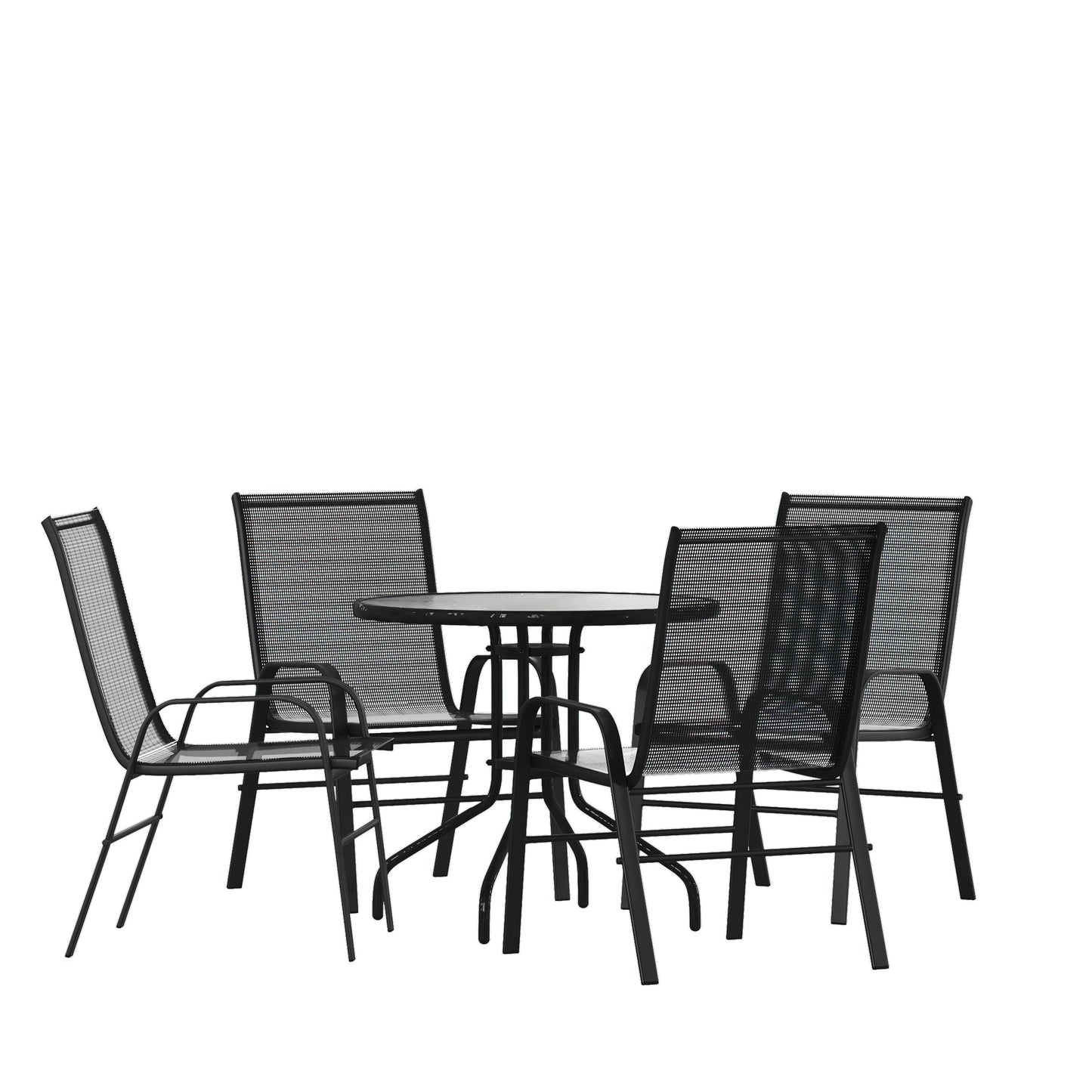 Flash Furniture Brazos 5 Piece Outdoor Patio Dining Set - 31.5-in Round Tempered Glass Patio Table; 4 Black Flex Comfort Stack Chairs