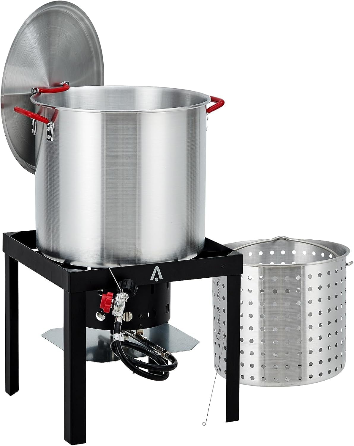 80 Qt Seafood Boiling Kit with Strainer, Outdoor Seafood Boil Pot and Strainer Basket with 110,000 BTUs Propane Burner and 10 PSI regulatored for Outdoor Cooking Seafood Crawfish, Crab, Shrimp