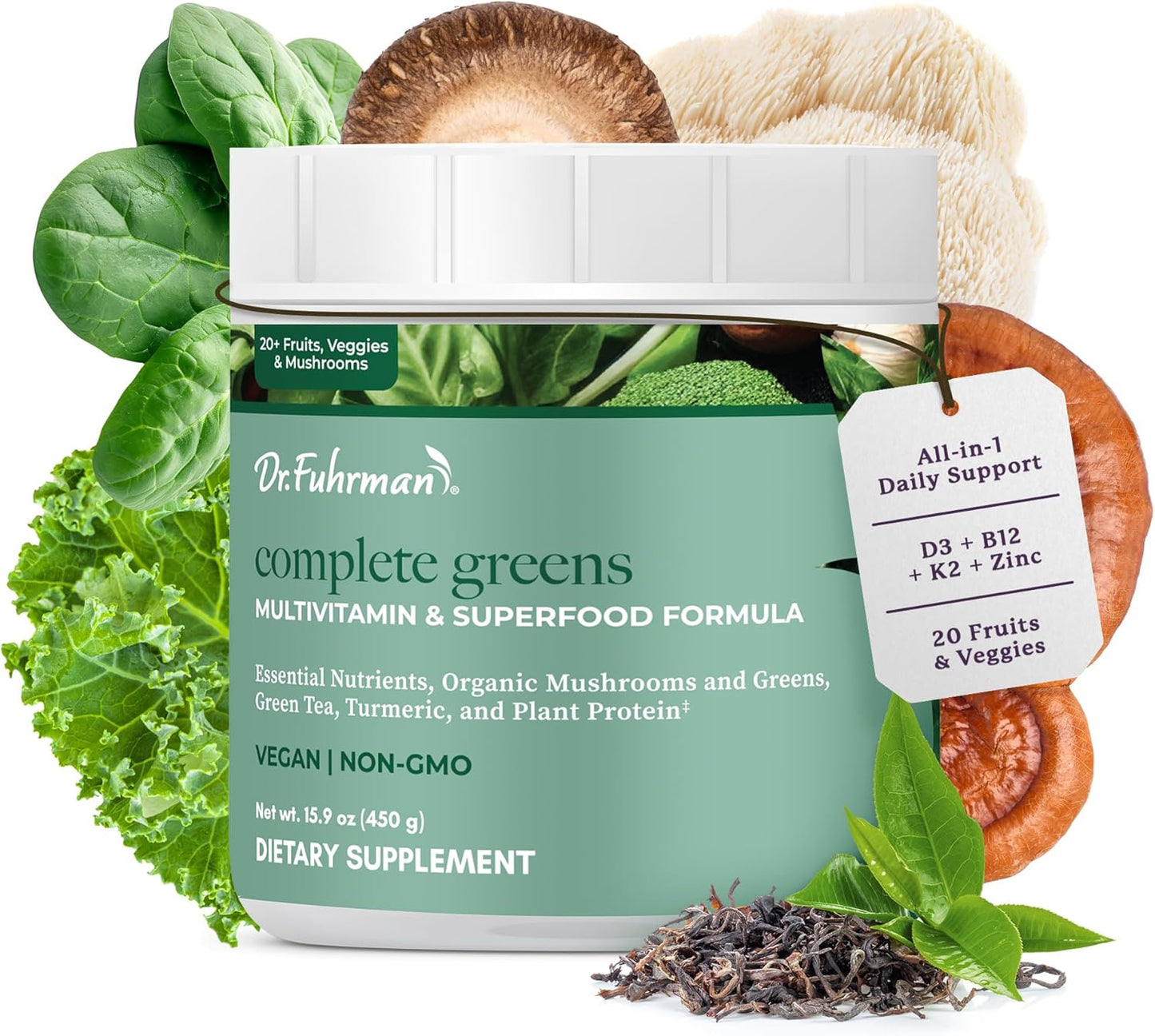 Dr. Fuhrman Whole Food Greens Powder | Premium Greens Superfood Powder Multivitamin | Plant Based Protein for Immune Support & Gut Health | Organic Mushrooms, Greens, & Turmeric | Vitamin B12, D3, K2