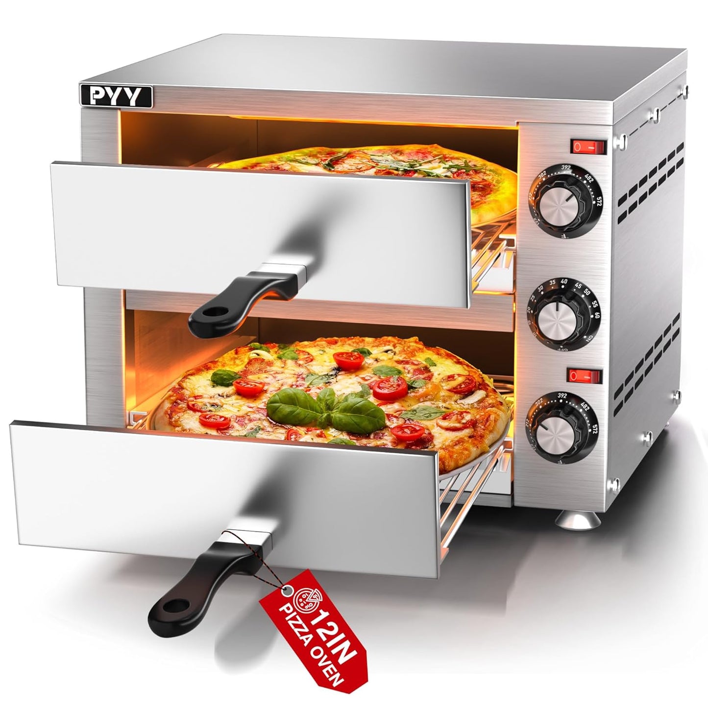 PYY Countertop Pizza Oven 12 Inch Electric Indoor Pizza Oven Commercial Stainless Steel 2-Layers Pizza Cooker with Timer for Home Restaurant (Grey)