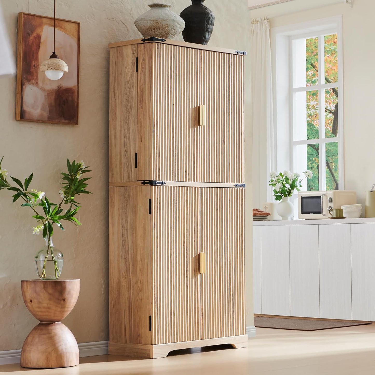 ACCOHOHO Fluted Pantry Cabinet, 72" Tall Modern Storage Cabinet with 4 Doors, Organizer, Drawer and Adjustable Shelves, Wood Cupboard for Kitchen, Dining Room, Living Room and Bathroom, Natural Oak