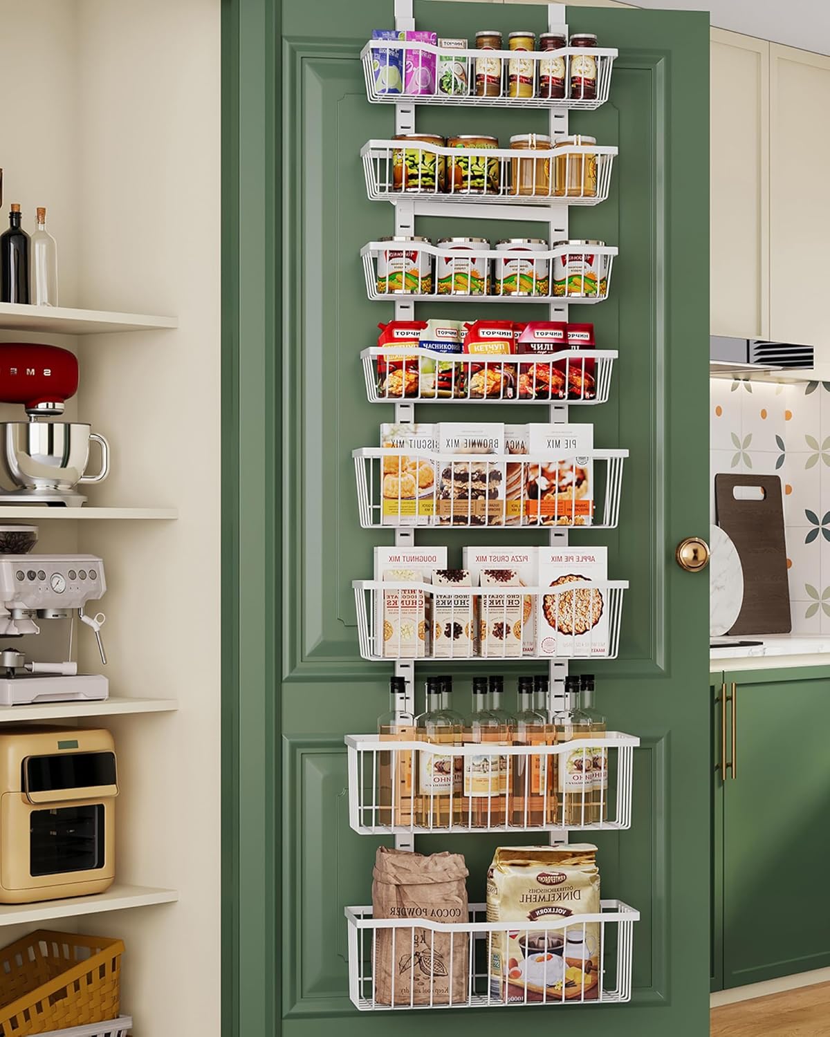 Eastherry Over The Door Organizer,8-Tier Over The Door Pantry Organizer with Adjustable Baskets,Metal Hanging Pantry Organizers and Storage for Kitchen, Back of Door Seasoning Rack (White)