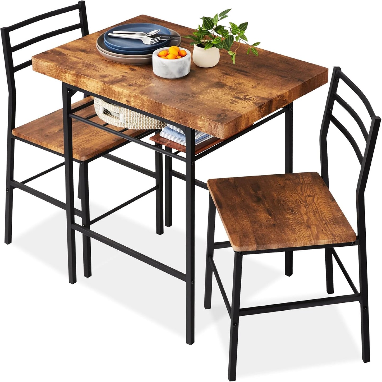 Best Choice Products 3-Piece Modern Dining Set, Space Saving Dinette for Kitchen, Dining Room, Small Space w\/Steel Frame, Built-in Storage Rack - Medium Brown\/Black