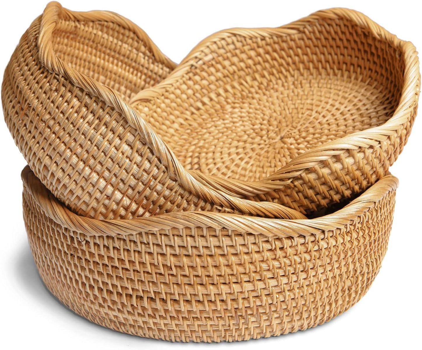 HITOMEN Handmade Rattan Bread Baskets Round Wicker Fruit Serving Storage Bowls, Natural Woven Decorative Kitchen Counter Organizing (Honey Brown) Set of 3