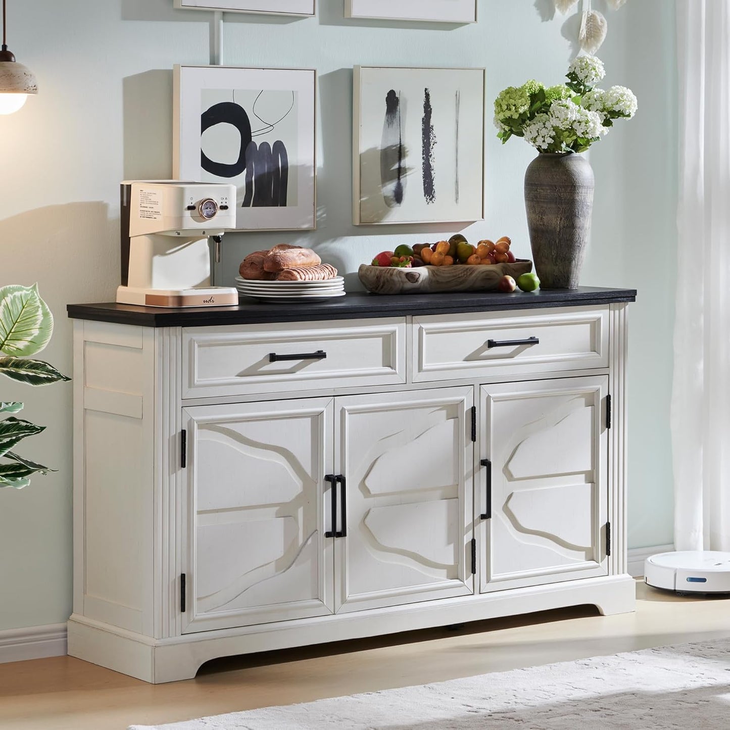 JXQTLINGMU 55" Large Buffet Sideboard Cabinet with 3 Doors and 2 Drawers, Buffet Table Coffee Bar Wine Bar Storage Cabinet for Dining Room, Living Room, Off White