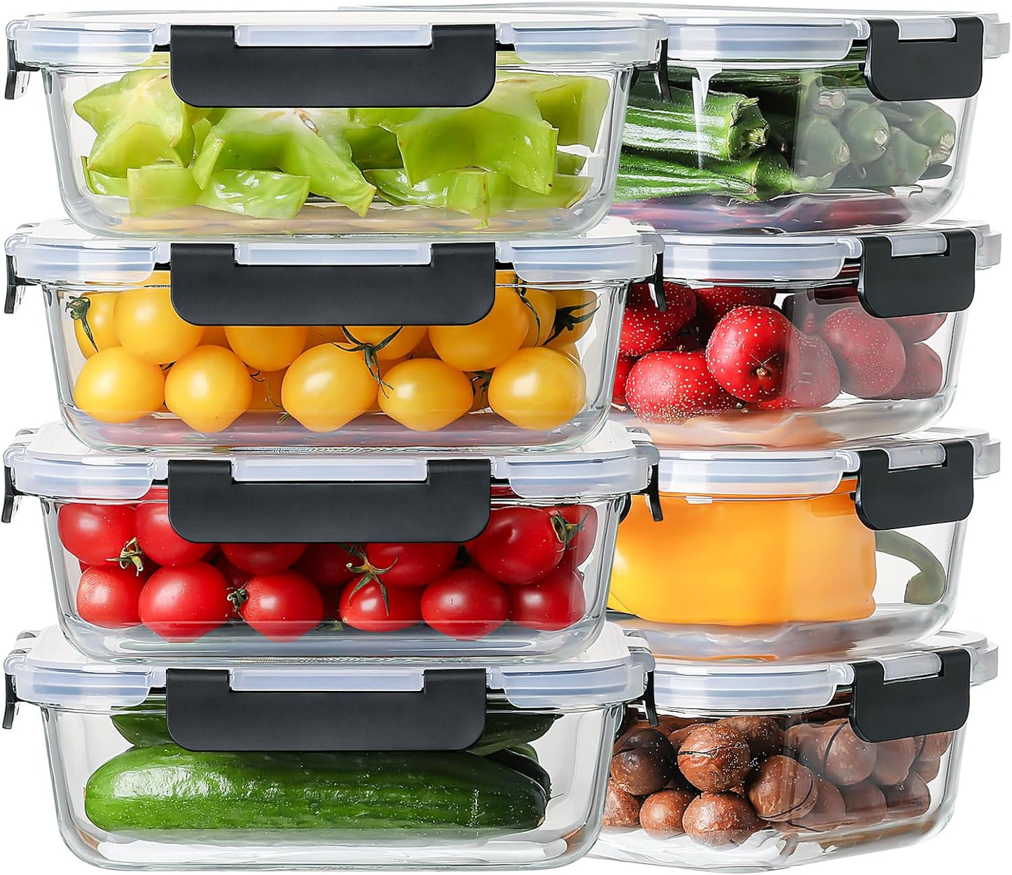8 Pack 36oz Large Glass Meal Prep Containers with lids, Glass Food Storage Containers with Leak Proof Snap Lock Lids , Airtight Bento lunch Boxes, Kitchen Storage, Oven, Freezer and Dishwasher Safe