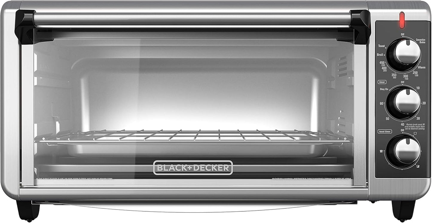 BLACK+DECKER 8-Slice Extra Wide Convection Toaster Oven, Fits 9"x13" Oven Pans and 12" Pizza, Bake, Toast, Broil, and Keep Warm Functions, Countertop Compact Design with Stainless Steel Finish