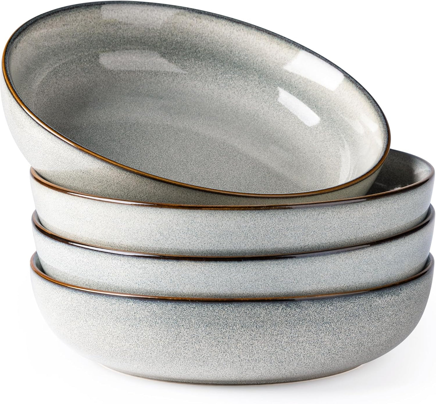 GBHOME 9'' Large Ceramic Pasta Bowls, 38oz Stoneware Pasta Serving Bowls Set of 4 for Kitchen, Wide Bowls for Fruit,Pasta,Salad,Oatmeal,Meal, Microwave Safe, Reactive Glaze-Green Wheat