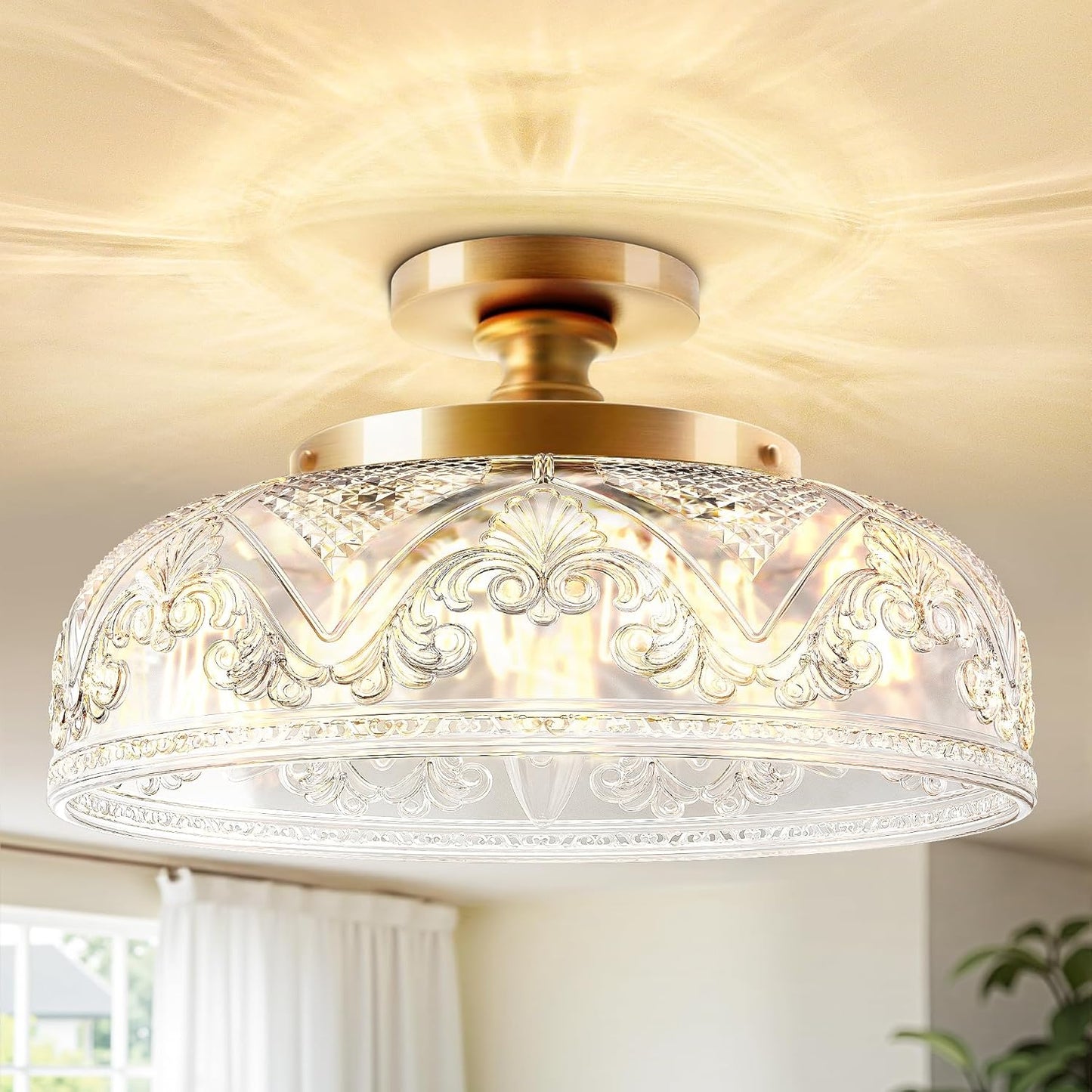 Slypadan Semi Flush Mount Ceiling Light, 12 Inch Large Gold Ceiling Light Fixture, 3-Light Globe Glass Farmhouse Kitchen Lighting Fixtures for Bathroom, Hallway, Dining Room (Bulb Not Included)