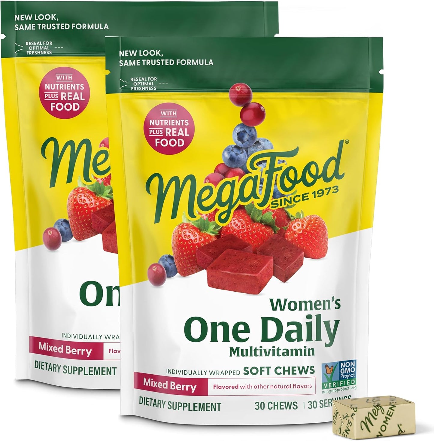 MegaFood Women's One Daily Multivitamin Soft Chews - Multivitamin for Women with Folate, Vitamin B6, B12, Biotin, Vitamin D - Delicious Mixed Berry Flavor - Vegetarian, Non-GMO - 30 Chews, 2 Pack