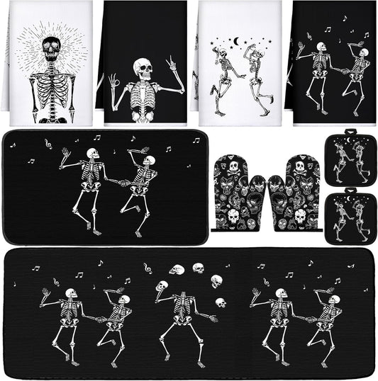 10 Pcs Halloween Skeleton Kitchen Dish Towels Rugs Oven Mitts and Pot Holders Set Farmhouse Kitchen Decor Set for Women Mom Daughter Gift Cooking Baking Grilling (Spooky Black)