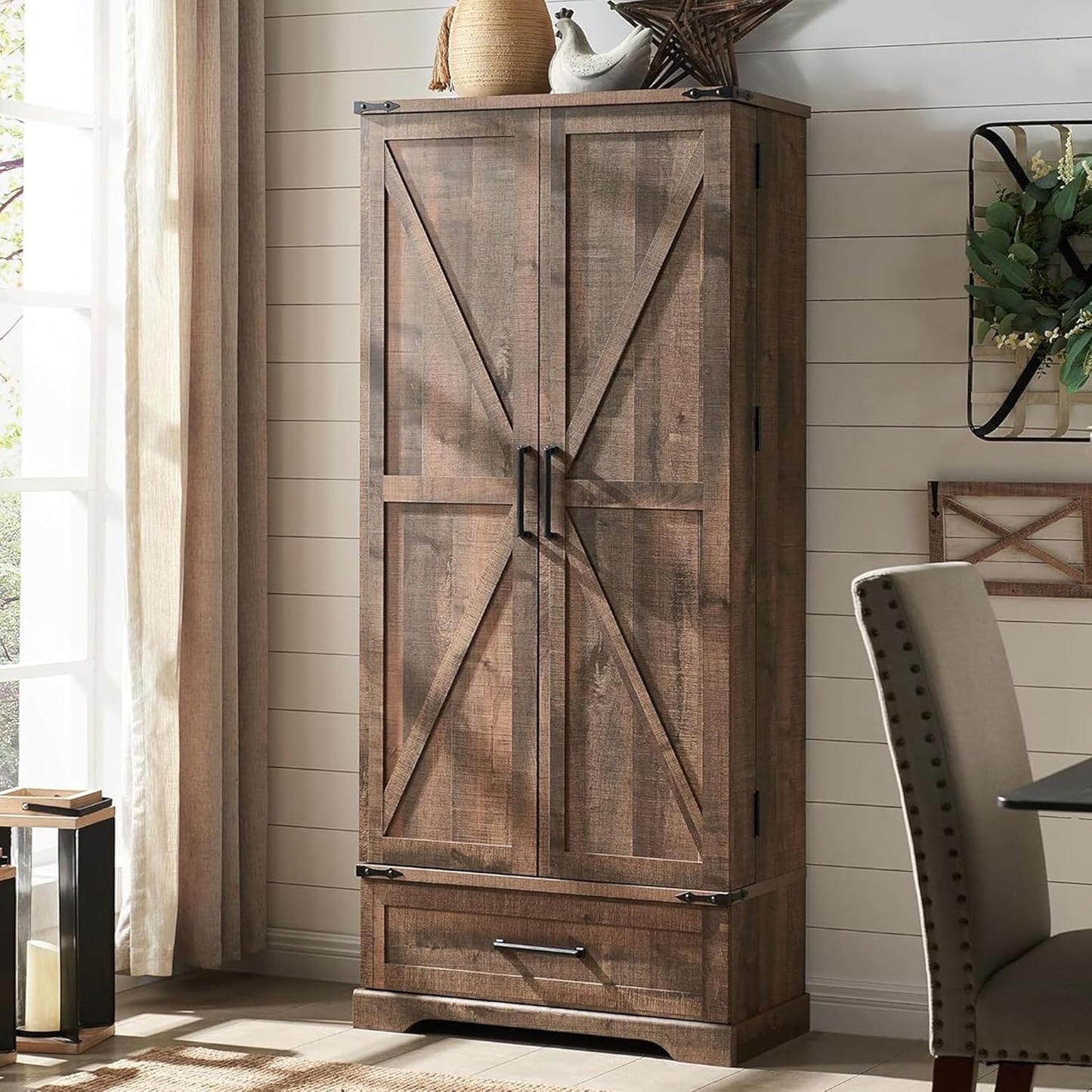 ACCOHOHO 72" Farmhouse Kitchen Pantry Cabinet With Drawer, Tall Storage With 2 Barn Doors and Shelves, Versatile Large Rustic for Dining Room, Bathroom, Living Room, Rustic Brown