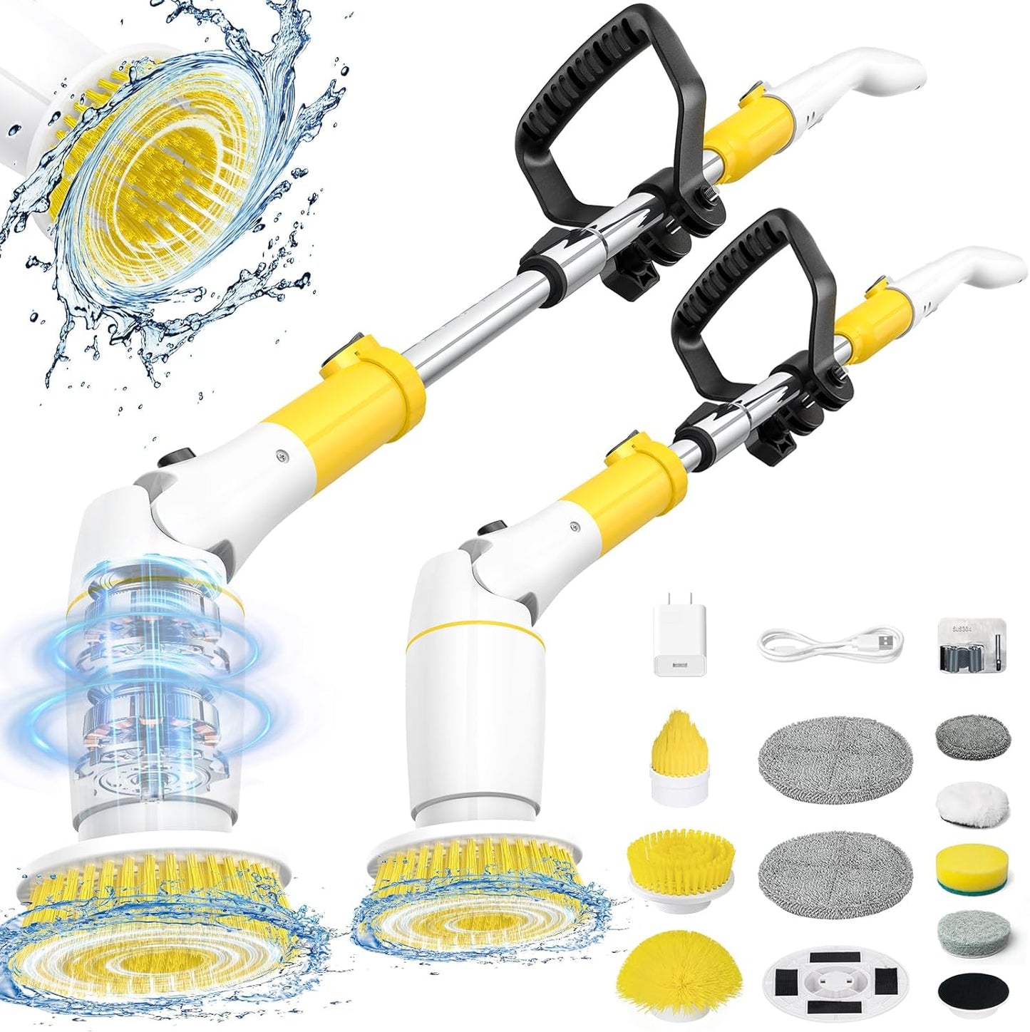 StarVal Electric Spin Scrubber, Cordless Cleaning Brush Shower Scrubber Up to 550 RPM with 9 Replaceable Brush Heads, Bathroom Scrubber Adjustable Extension Handle for Bathroom Kitchen Car (Yellow)