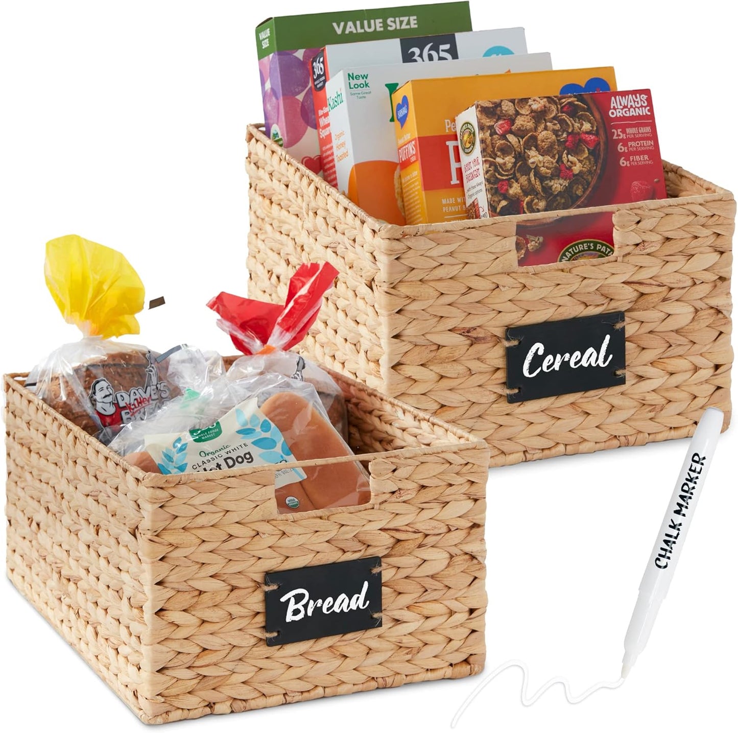 Best Choice Products Pantry Baskets Set of 2 16x12in Water Hyacinth Storage Baskets, Woven Wicker Kitchen Organizers with handles w\/Chalkboard Label Chalk Marker - Natural