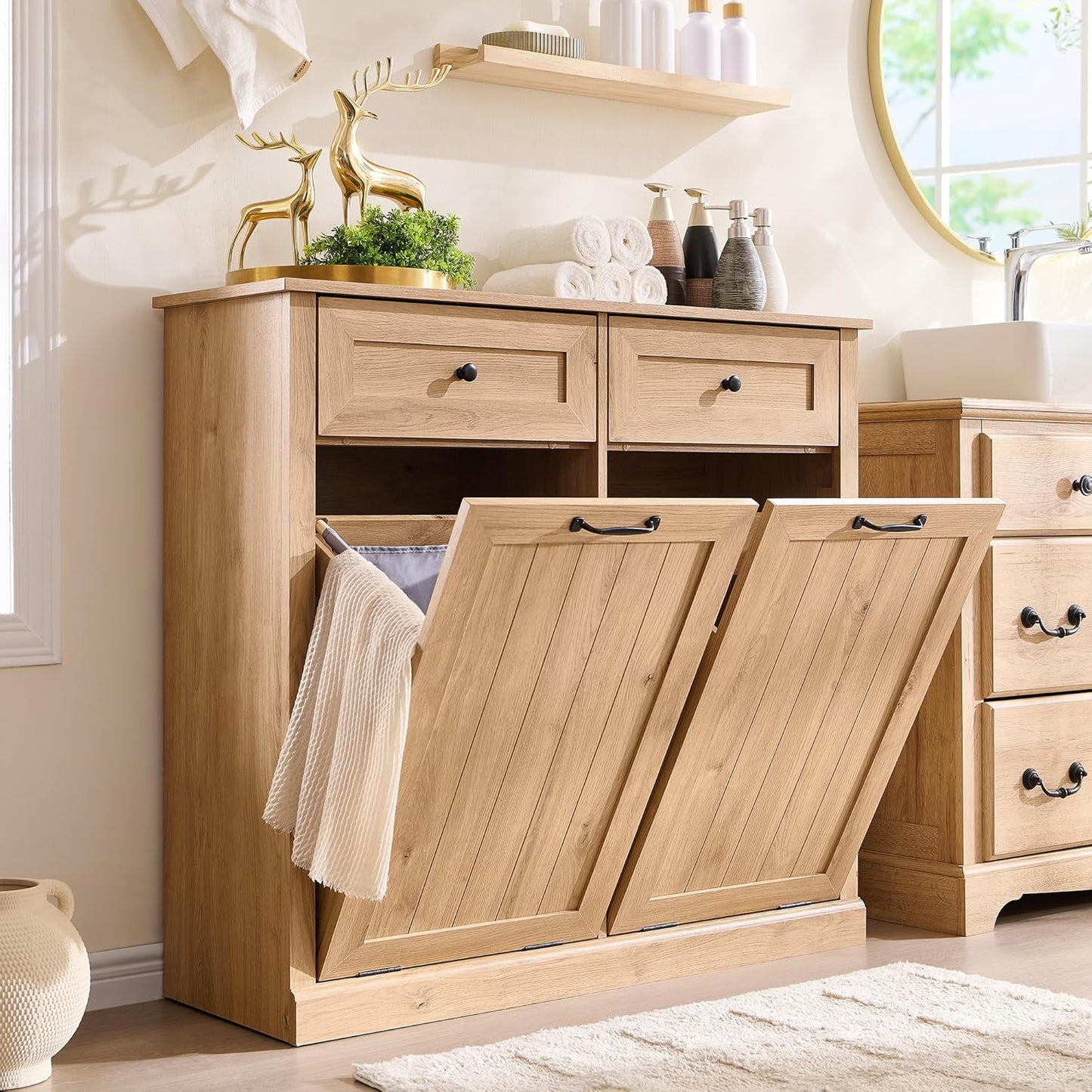IFBUY Double Tilt Out Laundry Hamper Cabinet, 20 Gallon Farmhouse Trash Can Cabinet with Drawer, Hidden Wood Garbage Can Bin Cabinets with Laundry Storage Basket for Bathroom, Kitchen (Natural)