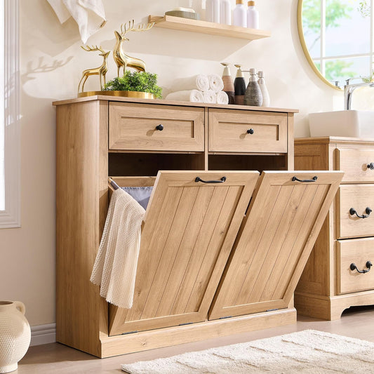 IFBUY Double Tilt Out Laundry Hamper Cabinet, 20 Gallon Farmhouse Trash Can Cabinet with Drawer, Hidden Wood Garbage Can Bin Cabinets with Laundry Storage Basket for Bathroom, Kitchen (Natural)