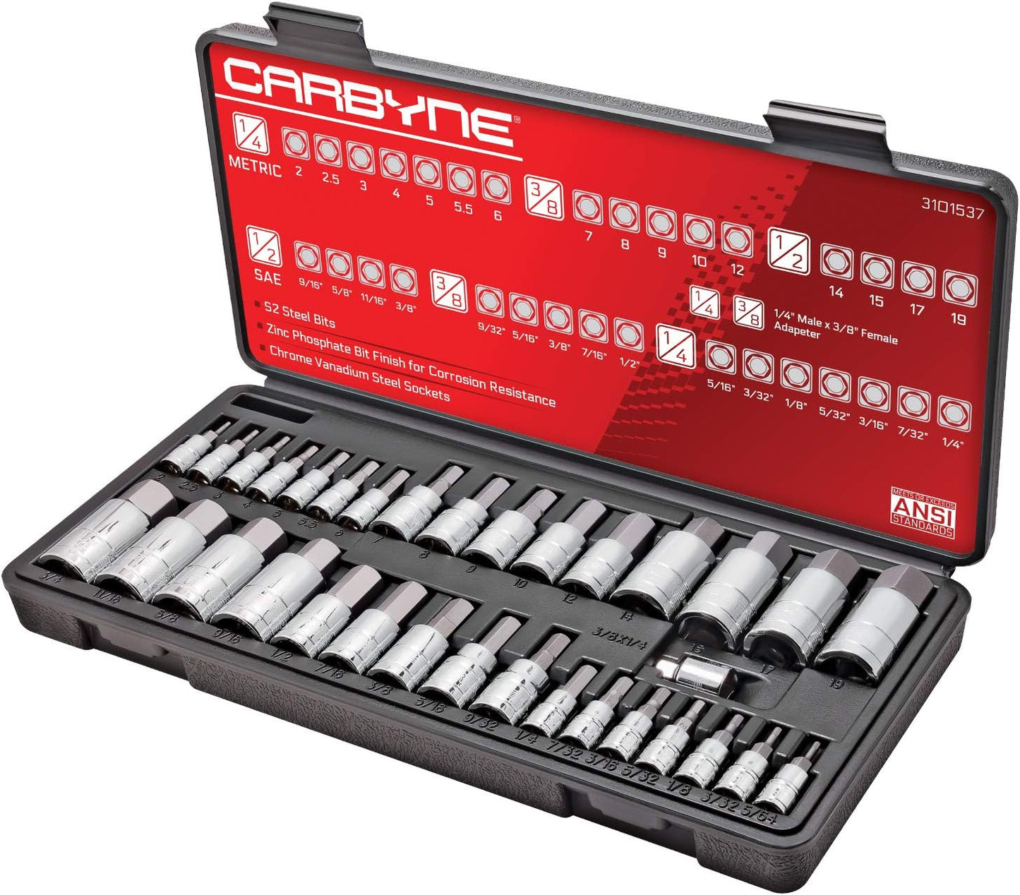 CARBYNE 33-Piece Master Hex (Allen) Bit Socket Set | SAE & Metric. Includes Metric 2mm - 19mm, SAE 5/64 in. - 3/4 in., S2 Steel Bits, Cr-V Sockets, Durable Case | 1/4, 3/8, & 1/2 in. Drive