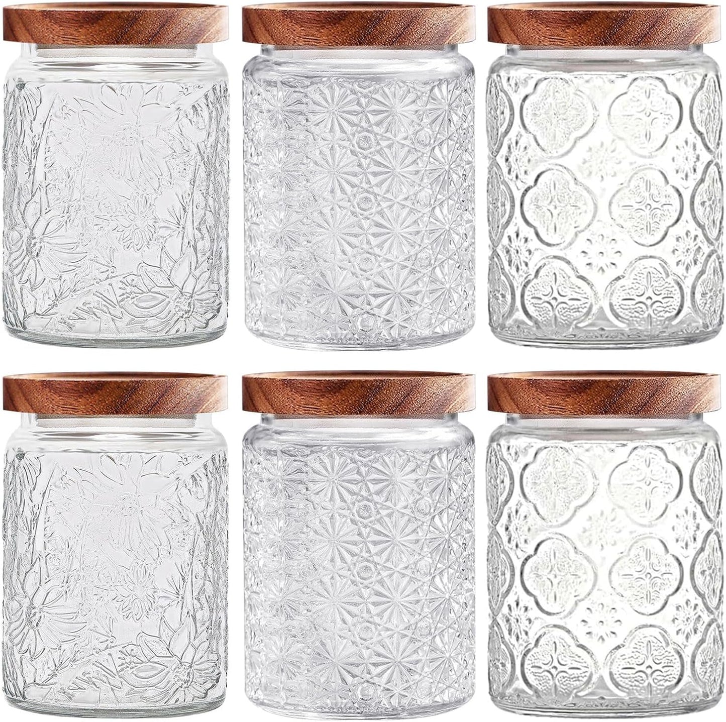 yoqelt Vintage Glass Jars with Wooden Lids, 6 Pack 24 oz Airtight Glass Food Storage Containers Sets for the Kitchen, Sugar Coffee Candy Spice Cookie Tea Pasta