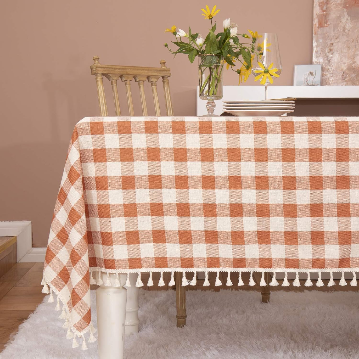 Midsummer Breeze Rustic Gingham Tablecloth, Cotton Buffalo Plaid Table Cloth for Fall Thanksgiving Christmas Kitchen Restaurant Holiday Outdoor Picnic Decoration(Rectangle\/Oblong, 55x102,Orange