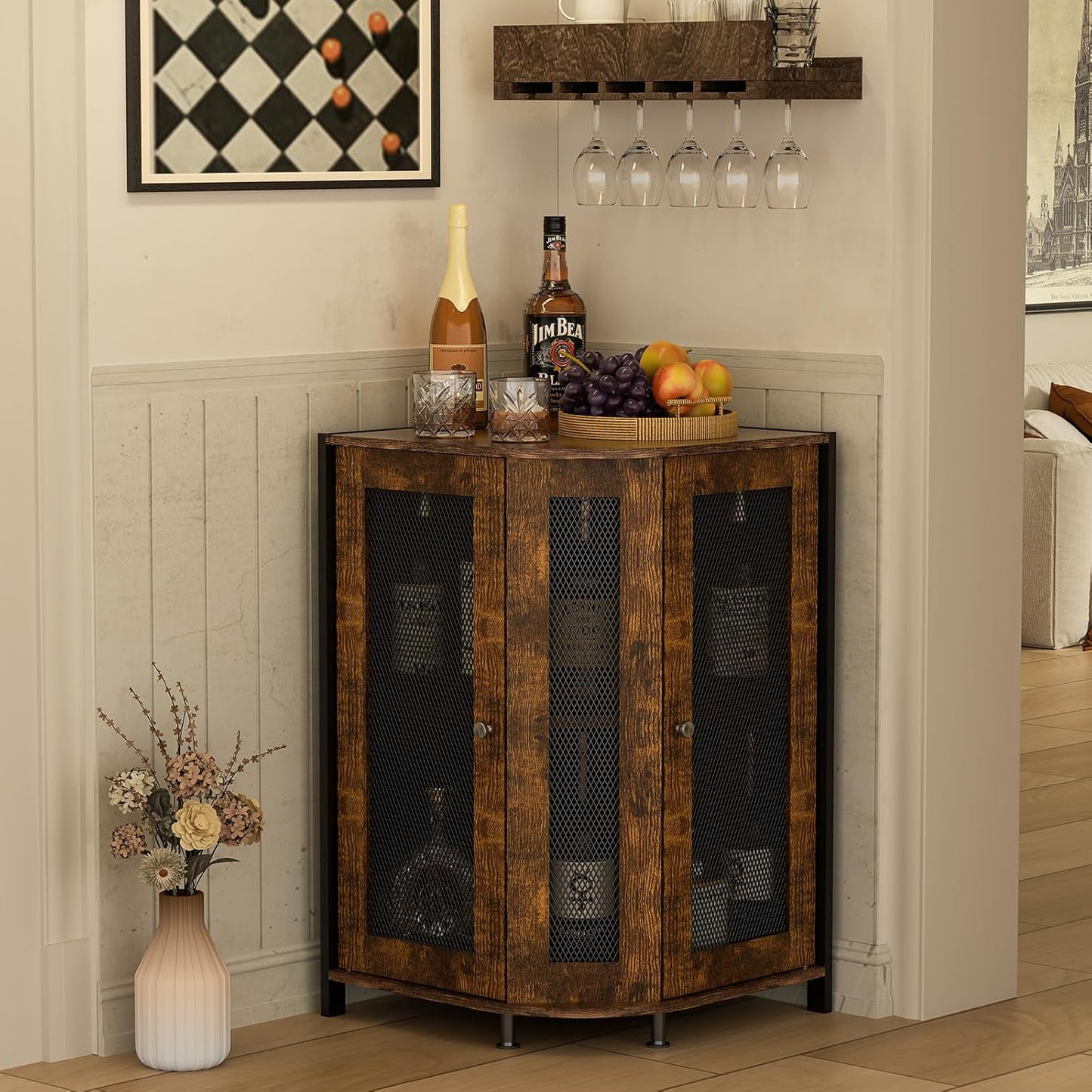 JKsmart Corner Storage Cabinet with Open Shelf, 3-Tier Industrial Wine Bar Shelf with Door, Industrial Corner Cabinet for Kitchen, Living Room, Dining Room, Rustic Brown