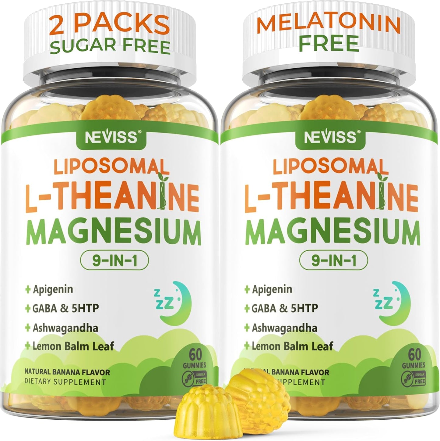 Liposomal L-Theanine 200mg Magnesium Glycinate 400mg Gummies with GABA, 5HTP, Apigenin, Vitamin B6 & D3, Ashwagandha, Lemon Balm Leaf, Melatonin Free Sleep Chewable for Relax Mood & Muscle, 2 Packs