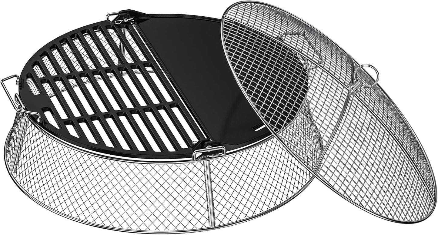 onlyfire Stainless Steel Mesh Cover & Cast Iron Grill Griddle Combo for Solo Stove 19.5 inch Fire Pit - Dual Cooking Surface with Handles for Ember Protection and Outdoor BBQ