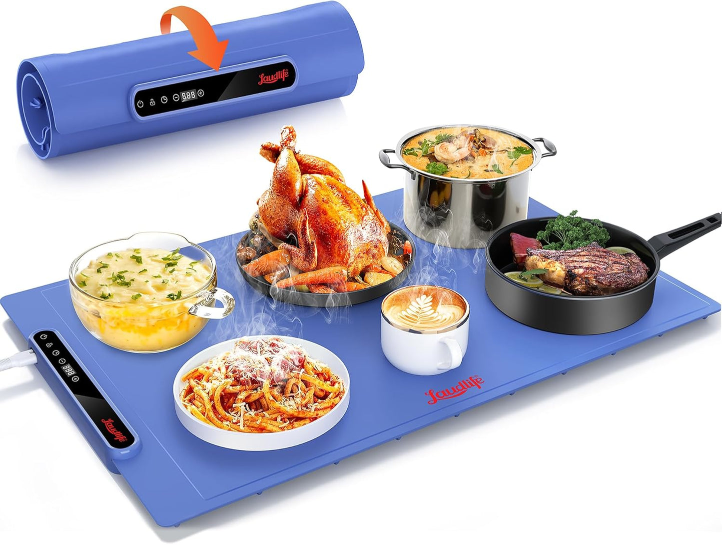Laudlife Electric Warming Mat for Food, Roll-Up Silicone Heating Pad with 7 Adjustable Tempmaster Levels, Foldable Warming Tray for Countertop,Buffet Party, Kitchen & Home, Child Lock, Dark Bule