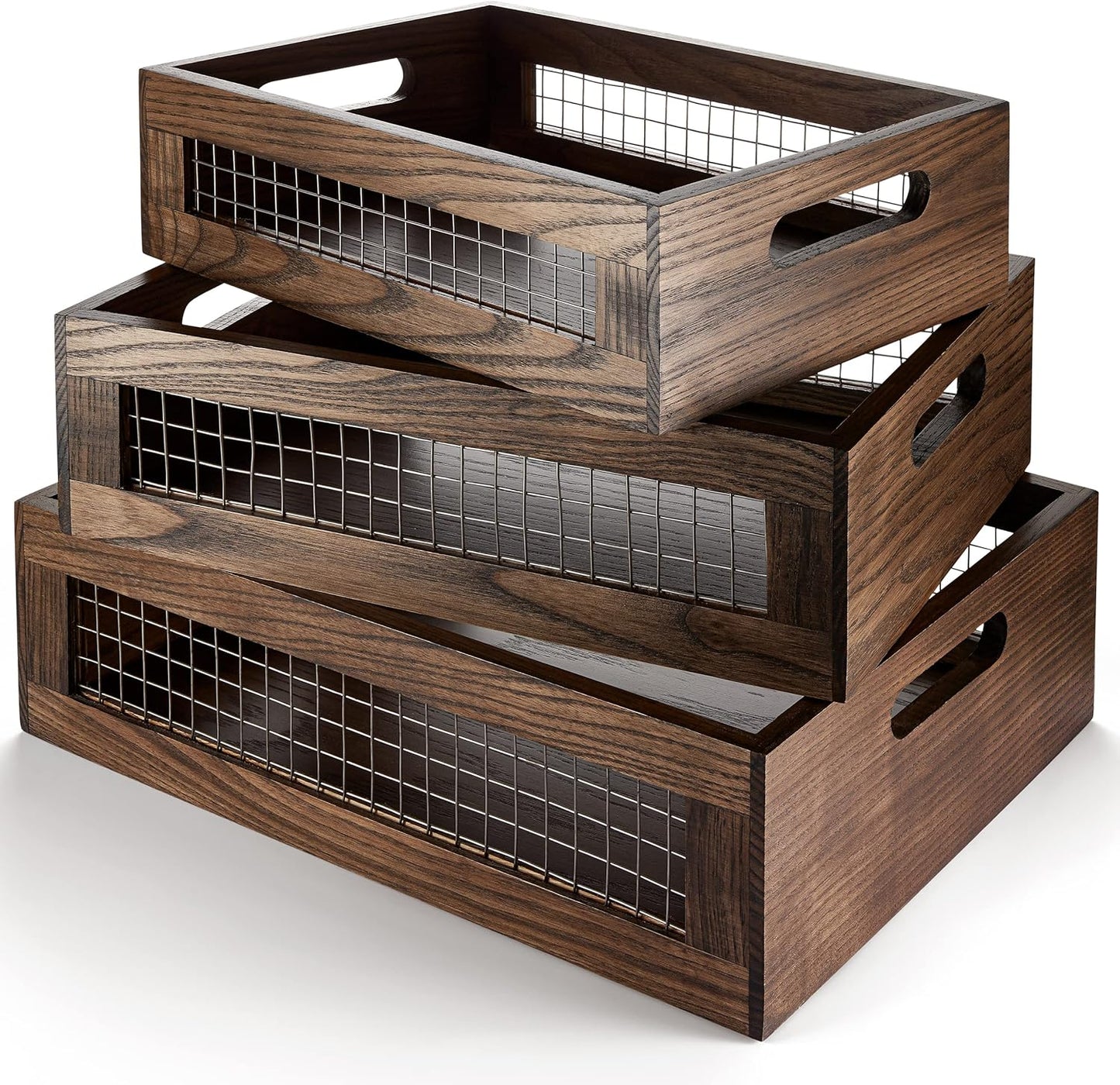 Wooden Nesting Countertop Baskets Set of 3 for Kitchen, Bathroom, Pantry|Wall Mount Upgrade with Full Accessories|Wooden storage organizer For Fruit, Vegetables, Produce, Bread|Wooden Crate with handles|Decorative Walnut Wood and Metal Wire