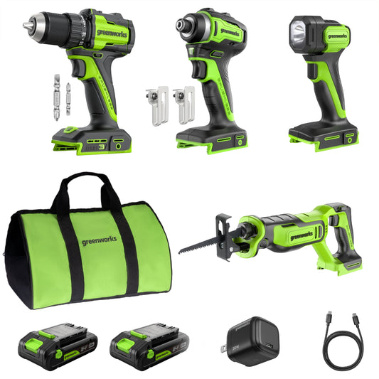 Greenworks 24V Brushless 4-Piece  Power Tool Combo Kit with (2) 2.0Ah USB-C Batteries and 30W USB-C Charger