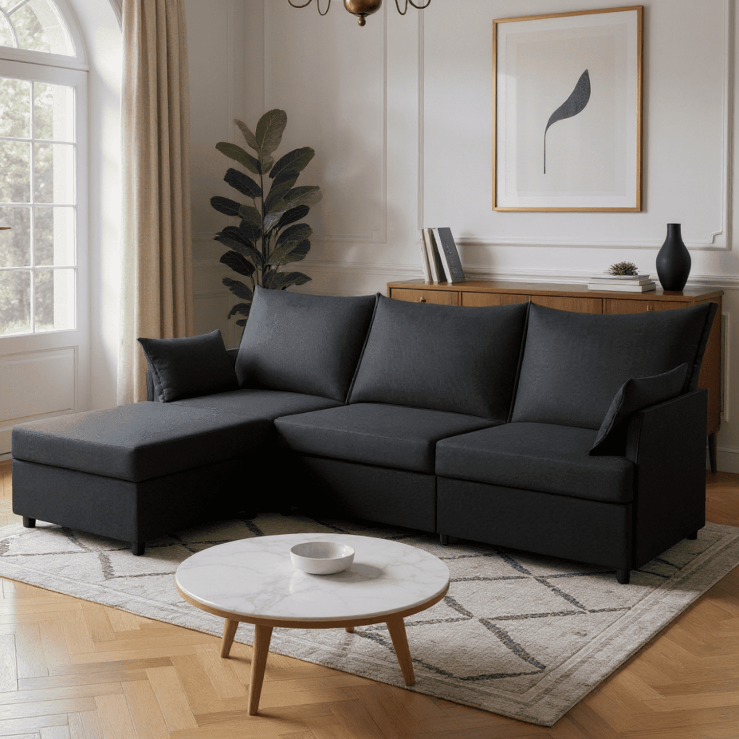 BSHTI 93.7” Sectional Sofa with Ottoman, Polyester Upholstery, 4 Seating, with Non-Slip Pads on the Plastic Legs, Includes Two Armrest Pillows, Black