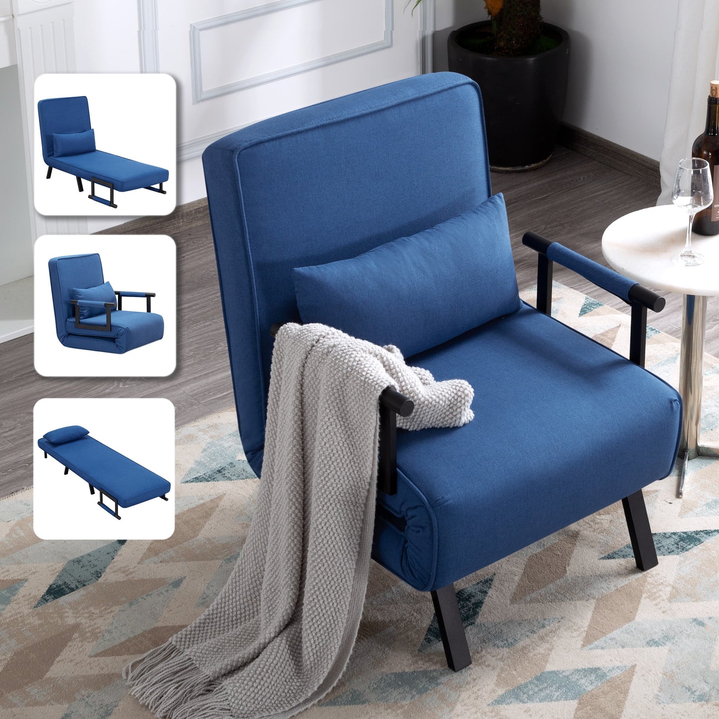 BSHTI Lounge 4-in-1 Convertible Sofa Bed,Folding Arm Chair,Blue Polyester Upholstery Sofa Bed,for Small Spaces,Living Room,Guest Room,Office