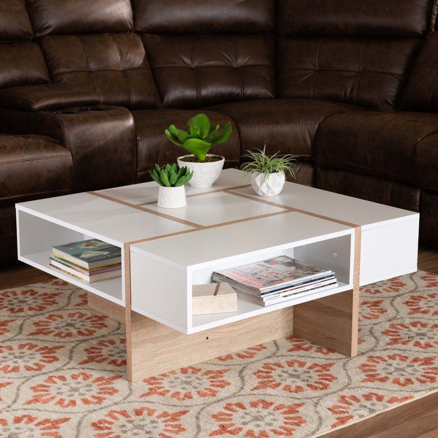 Baxton Studio Modern Storage Polyuerethane Coffee Table, White Oak
