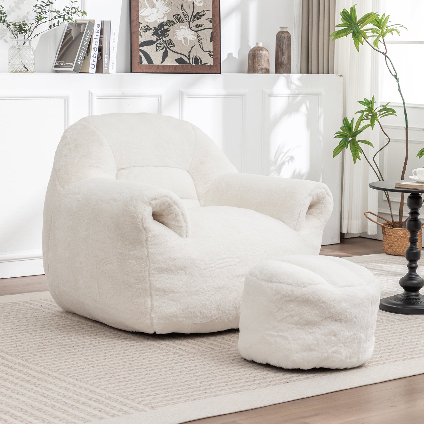 Bean Bag Chair, Comfy Bean Bag Sofa with Back Support, With Footstool,Faux Fur Bean Bag Chair for Adults and Kids, Stuffed Floor Sofa for Living Room, Bedroom,White