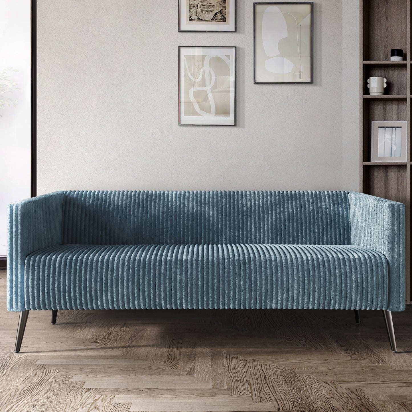 Castle Place Luxurious Corduroy Velvet Upholstered Sofa, Light Blue