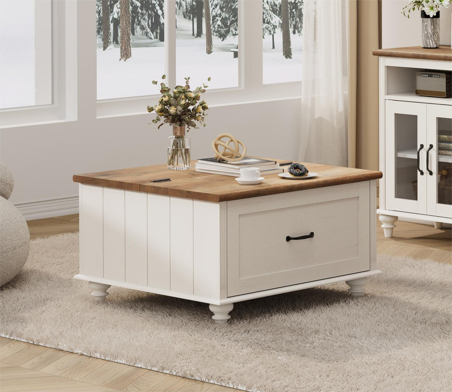 FITUEYES Farmhouse Lift Top Square Wooden Coffee Table, White