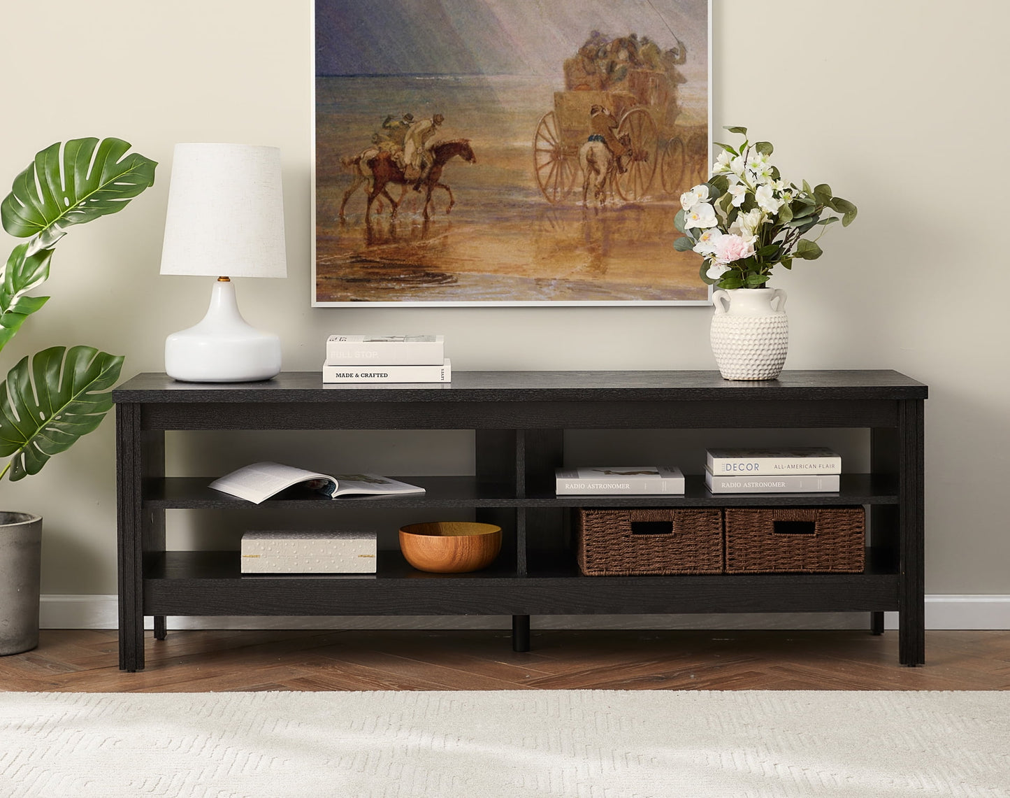 Farmhouse Wood Television Stand for 65 inch TV Entertainment Center with 4 Storage Cabinets for Living Room,Black