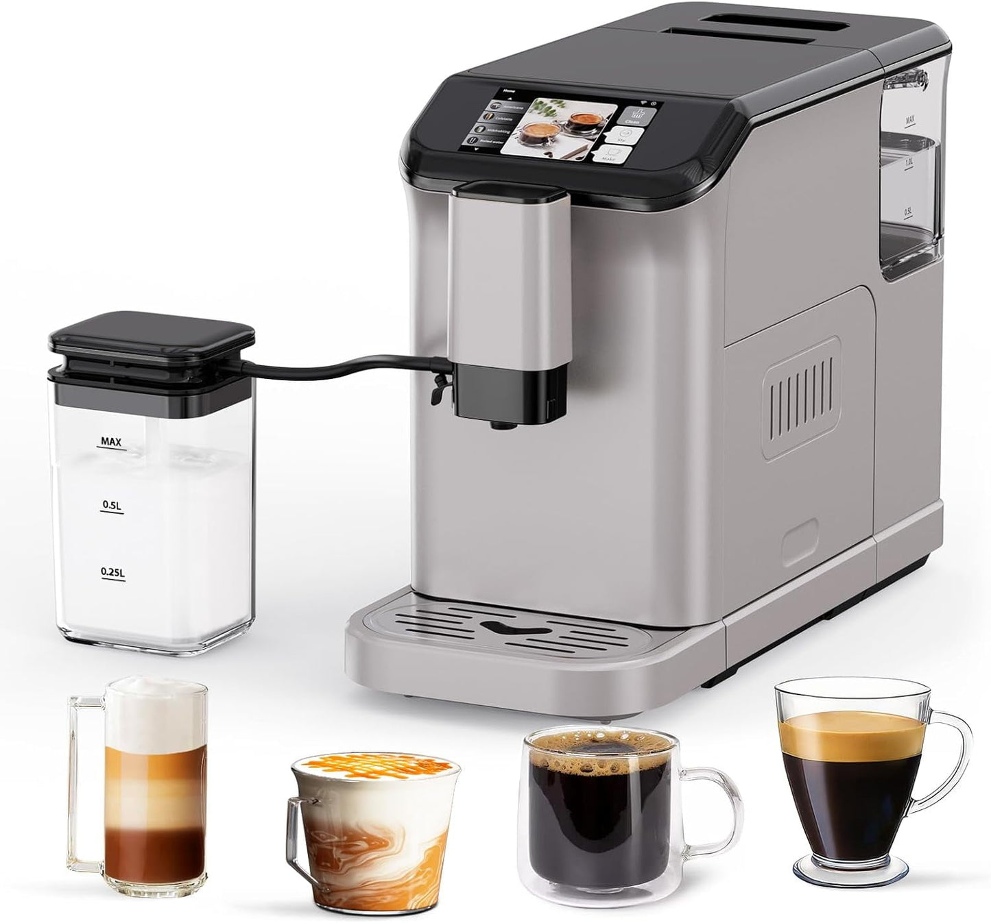 Full Automatic Espresso Machine with Built-In Grinder & Milk Frother - FTF Touchscreen Coffee Maker for Latte/Cappuccino, 20 Bar Pressur & 1.5L Water Tank, 1350W, Grey
