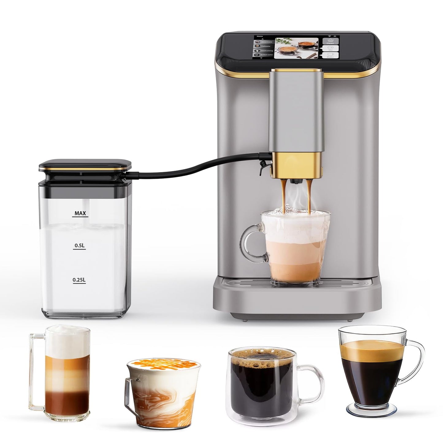 Fully Automatic Espresso Machine, Intuitive Touch Display, Automatic Espresso & Coffee Machine with Milk Frother for Latte, Cappuccino, Iced Coffee