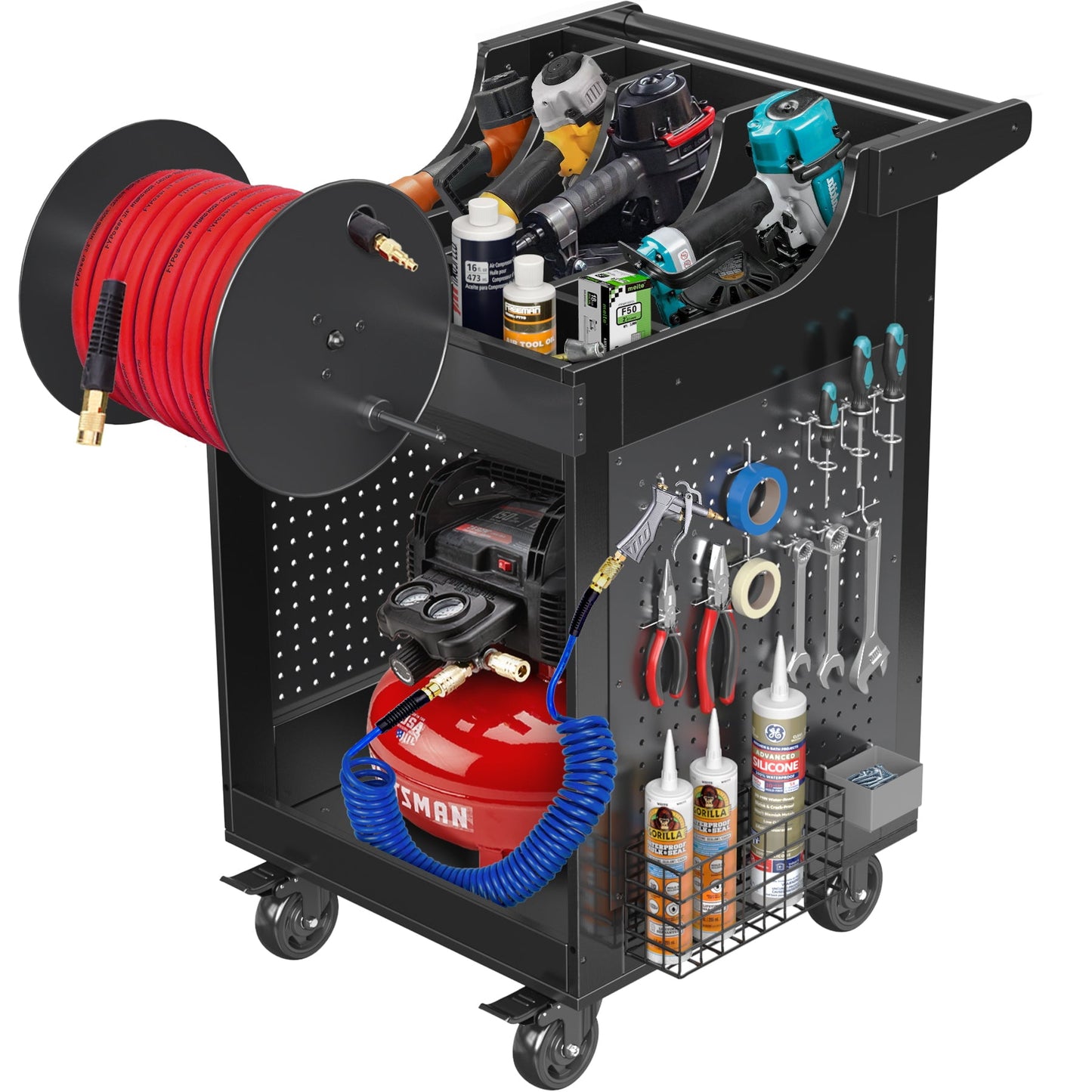 GDLF Portable Air Compressor Utility Cart with Air Hose Reel for up to 6 Gallon Pancake Compressor