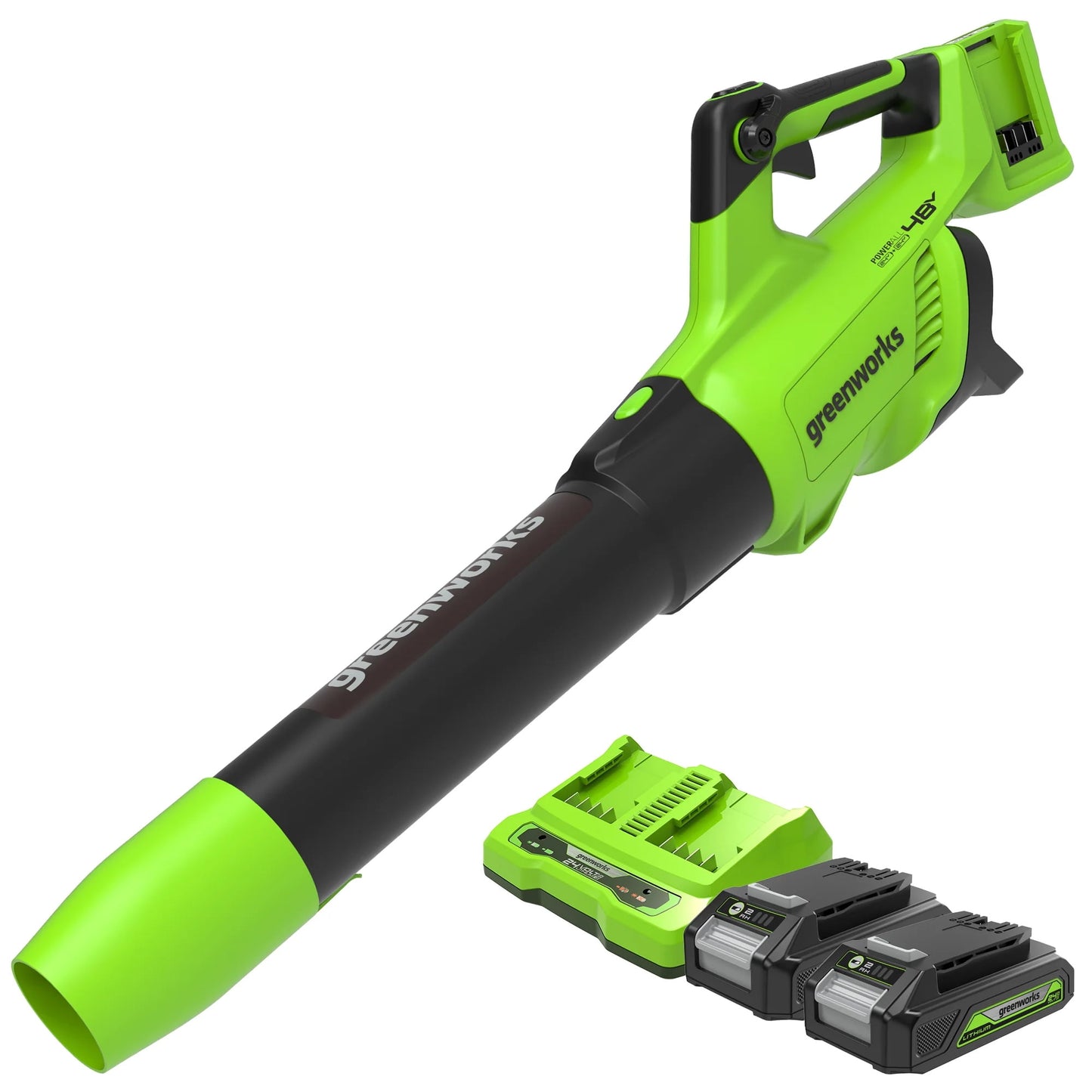 Greenworks 48V Brushless 515CFM 125MPH Leaf Blower + 2 (24V) 2.0Ah Batteries & 4A Dual Port Charger