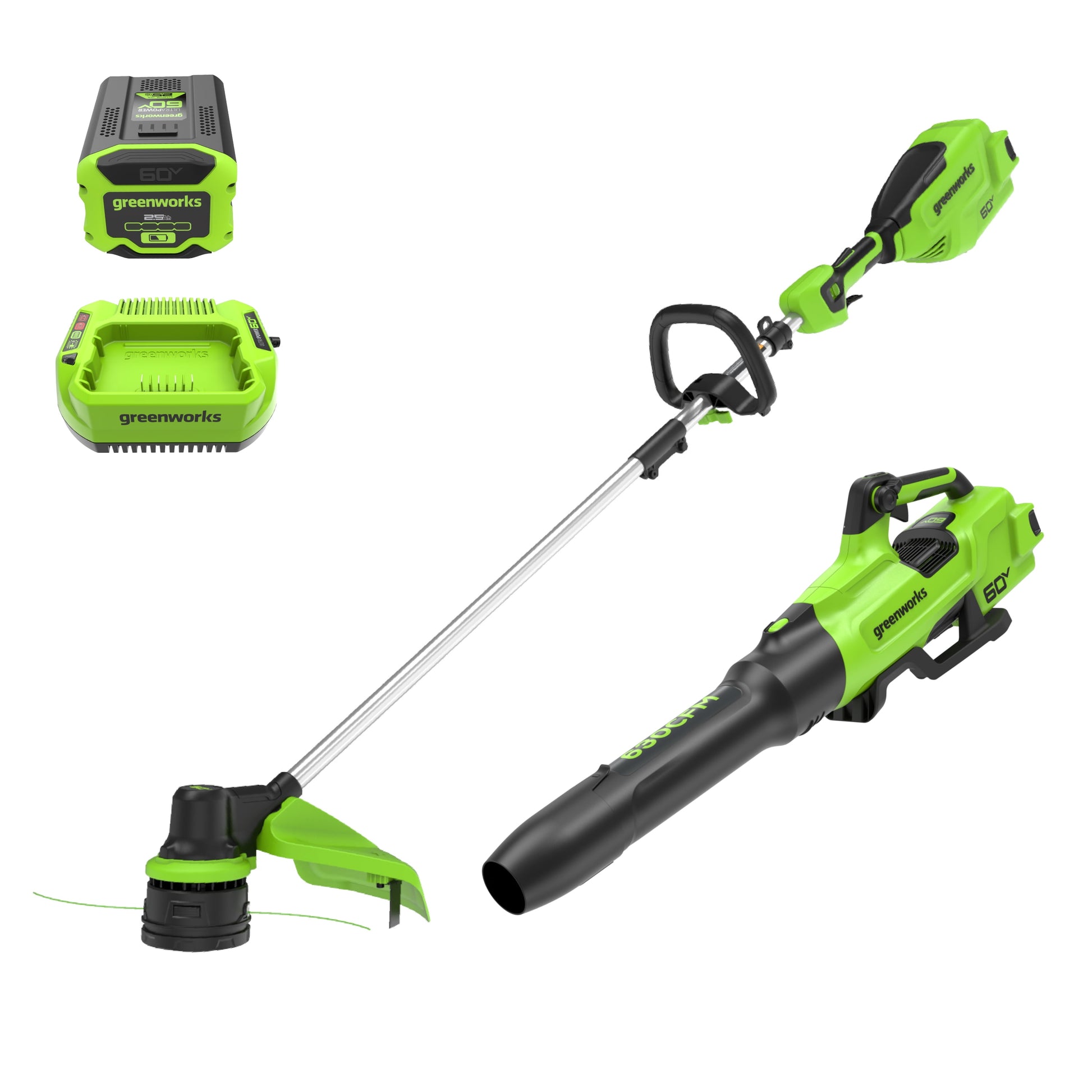 Greenworks 60V 16" String Trimmer & 630 CFM 170 MPH Blower Combo + 2.5Ah Battery, 3A Charger 1359802