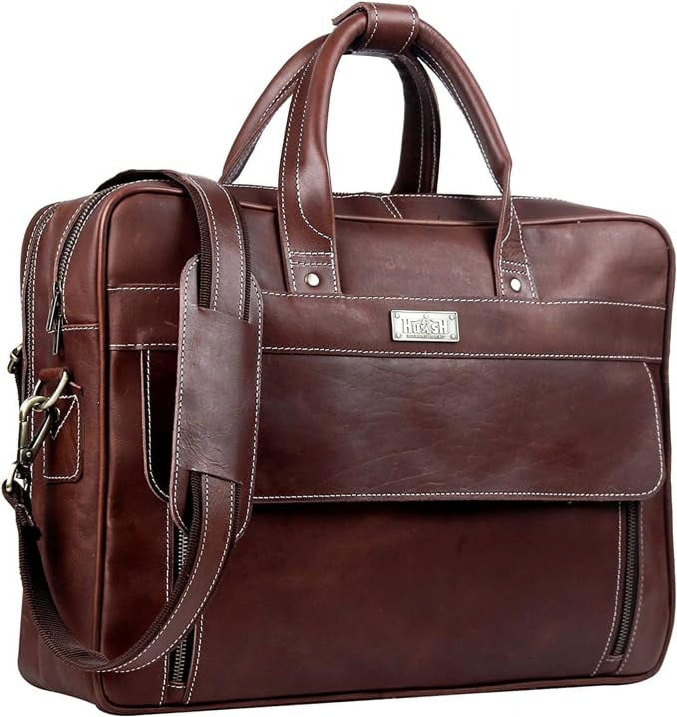 HULSH Handmade Vintage Genuine Leather Briefcase for Men 17 Inch Laptop Computer Case Business Travel Work Messenger Cross Body Shoulder Bags, Brown Leather Bag for Men