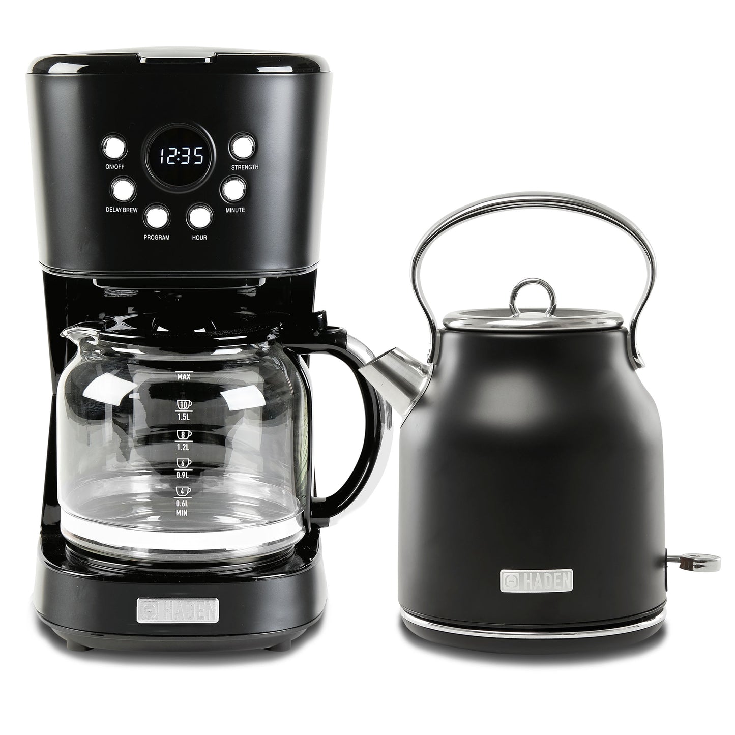 Haden Coffee Maker & Heritage 1.7 Liter Electric Kettle, Black & Chrome