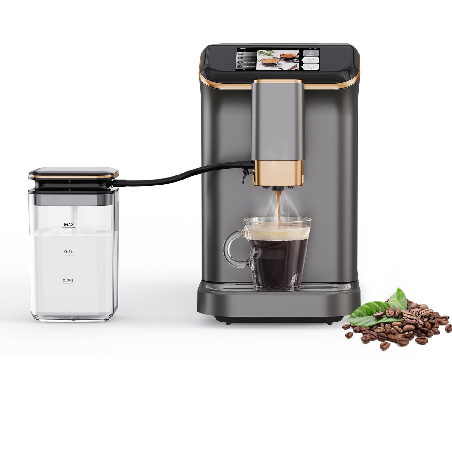 Huisuilinss Automatic Espresso Machine,Coffee Maker With Milk Frother 4-Beverage Cappuccino Coffee Machine With Built-In Grinder and Intuitive Touch Display, Coffee Maker Latte Machine
