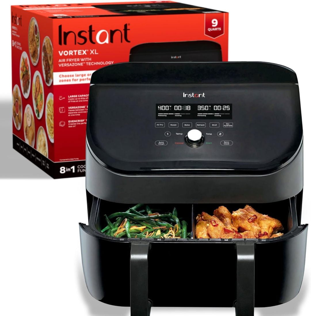 JHBP VersaZone 9QT Air Fryer,8-in-1 Functions with EvenCrisp Technology, Crisps,Broils, Bakes,Roasts, Dehydrates,Reheats at Same or Different Temperature, from the Makers of JHBP, Black