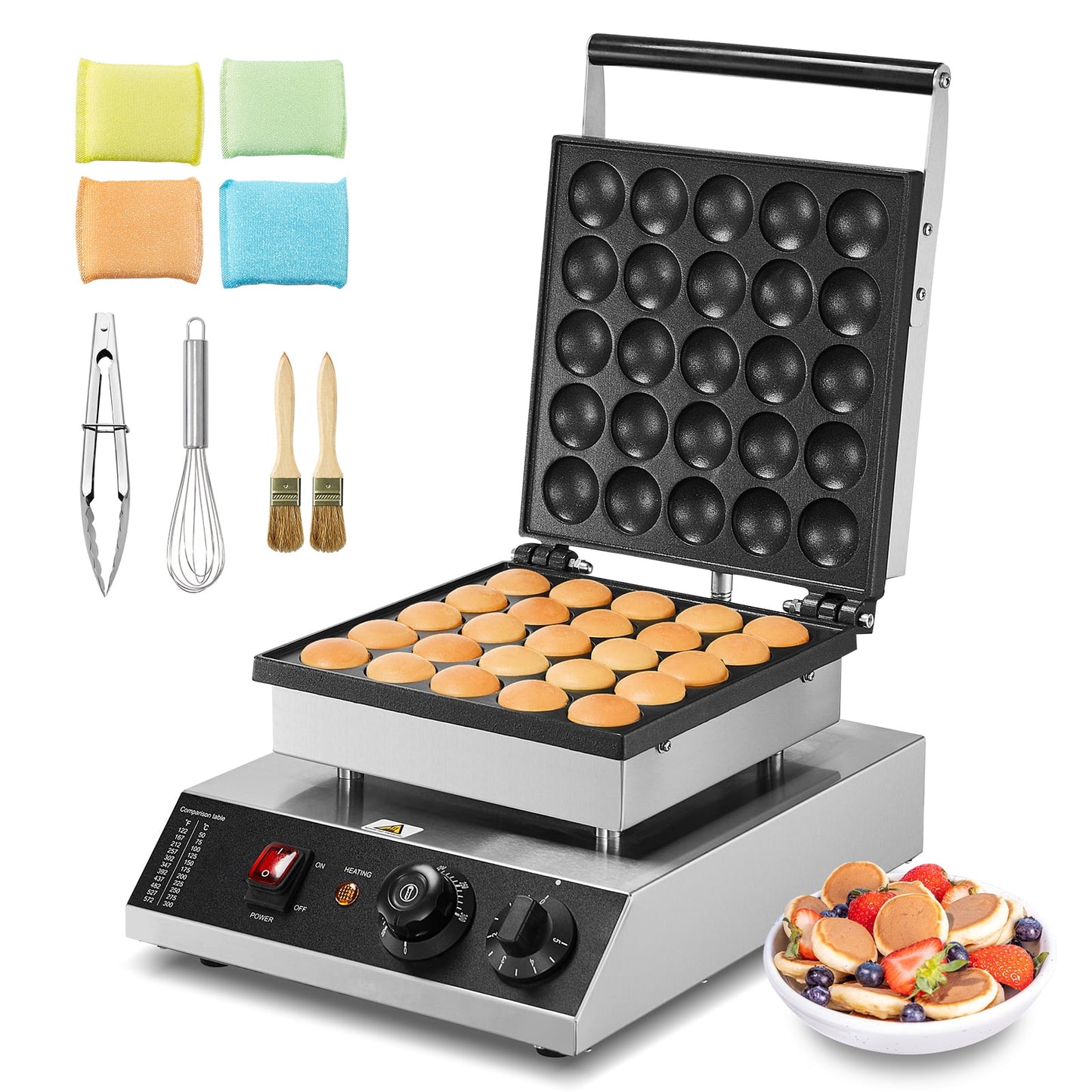 KFFKFF Mini Pancake Baker Maker, 25-Pcs 43mm 1700W Electric Pancake Cooker with Non-stick Coating, Stainless Steel, Adjustable Temperature & Timer, Suitable for Restaurants, Home Kitchens
