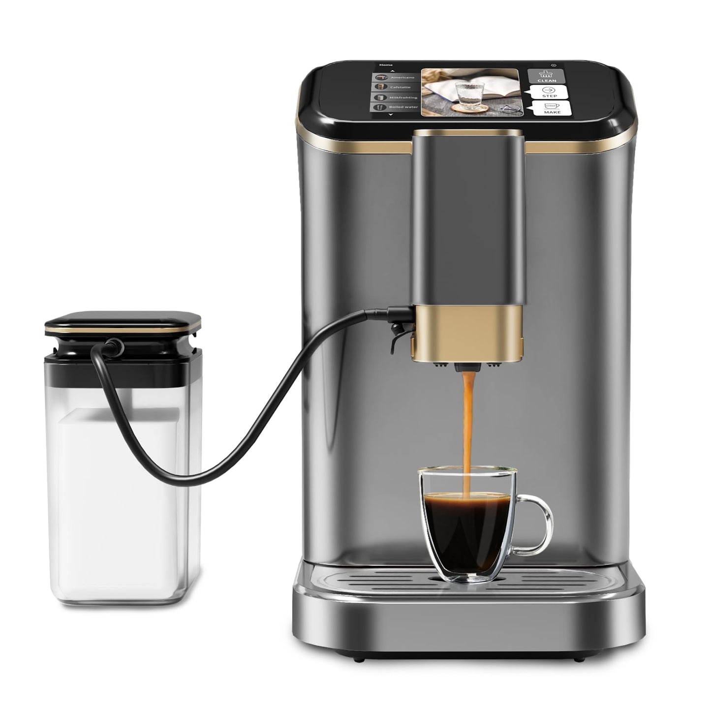 KTENME Fully Automatic Espresso Machine - Ultimate Espresso Experience, Coffee Maker Milk Frother, Steam Wand, Insulated Container, and Stylish Gold Finish, Soft-Touch Control Panel, 1350W