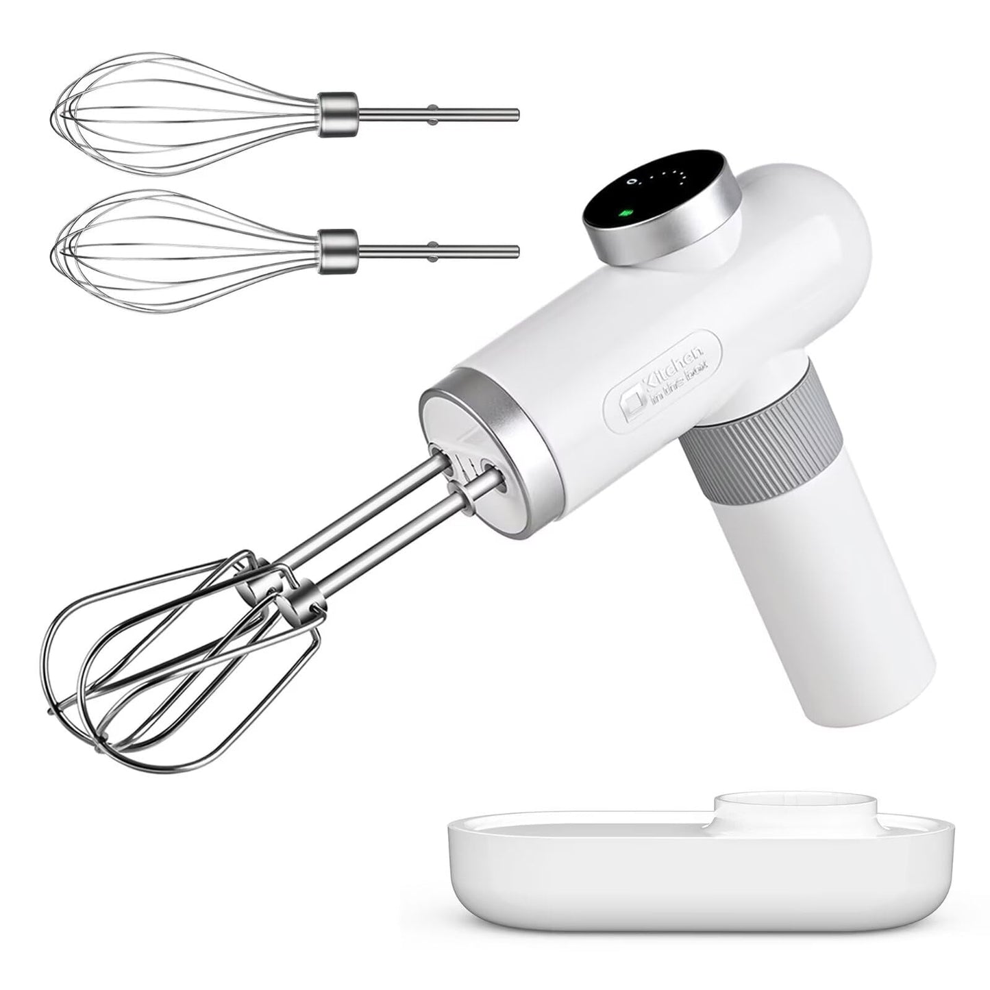 Kitchen in the box Cordless Rechargeable Hand Mixer Kitchen, Portable Handheld Electric Mixer with Beaters, Whisks, 6-Speed Digital Display, Charging Base and USB-C Charge Cable (Pearl White) C101