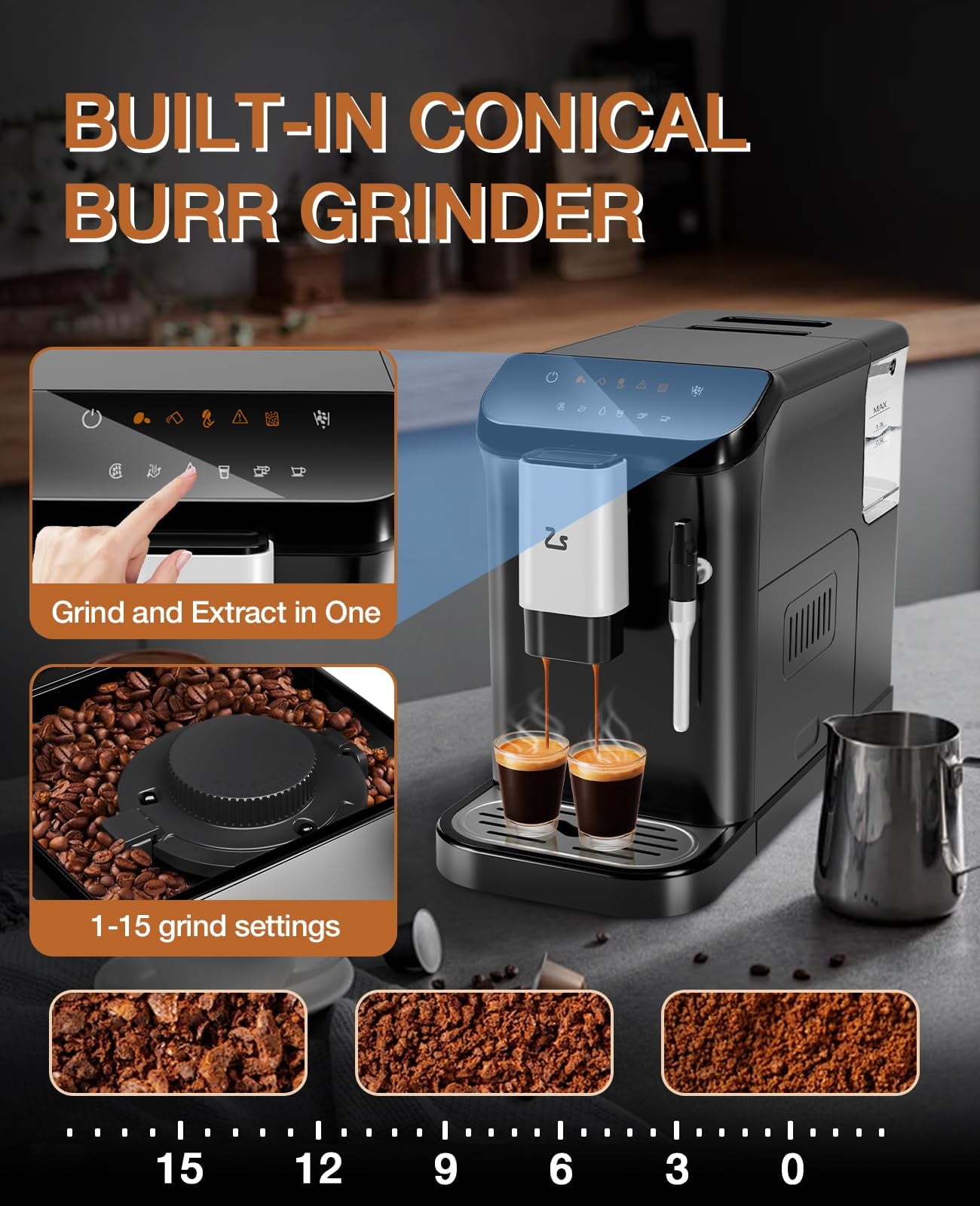Kojooin 20 Bar Super Automatic Espresso Machine with Milk Frother & Built-In Grinder - One-Touch Coffee Maker for Latte,Cappuccino- 1.5L Large Water Tank,Touch Screen Control